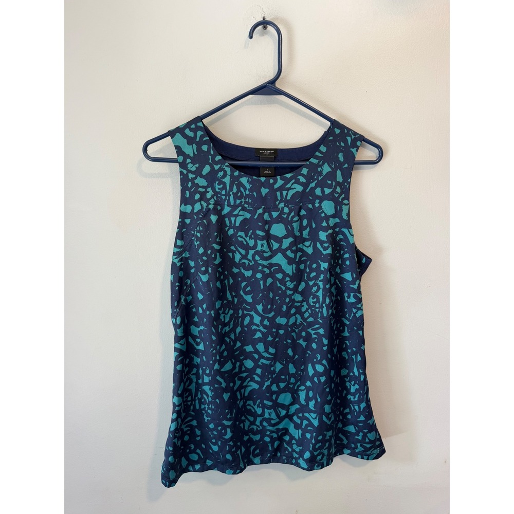 Ann Taylor Womens Small Sleeveless Mixed Media Abstract Print Top Teal Navy Blue